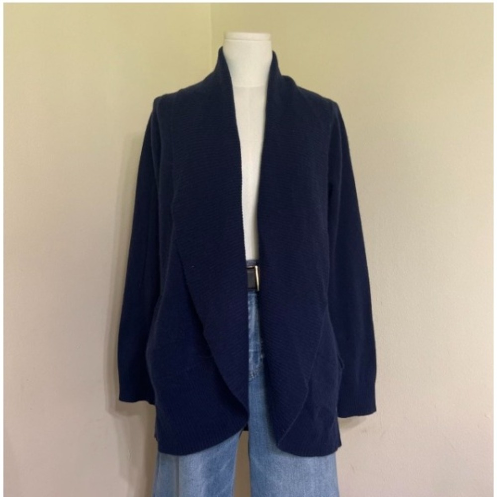 Quince Navy Blue Open Front Shawl Collar Cardigan Sweater Womens Large Pockets